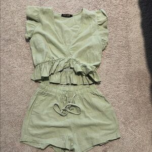 Green Ruffle Crop Top and Shorts Set